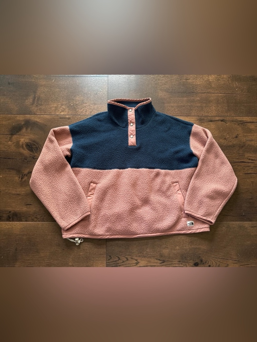 The North Face Womens Large Pink Navy Colorblock Sherpa Fleece Snap Pullover
